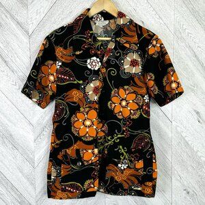 Vintage 60s Hawaiian Safari Style Shirt Cabana Floral Retro Mod Mens Medium